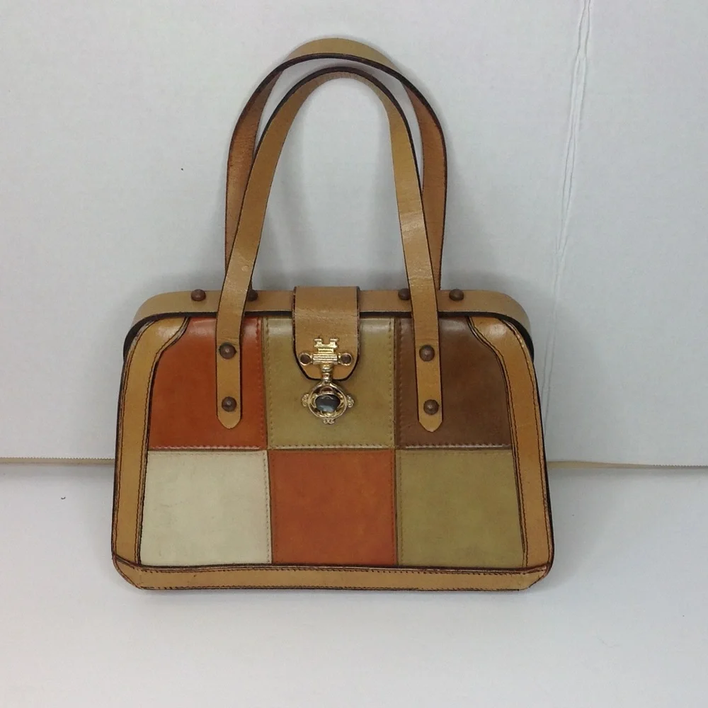 1980's Green Handbag Tan Color Block Leather